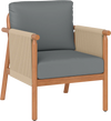 Patio acacia wood chair with gray cushions and woven rope armrests, perfect for backyard relaxation.
