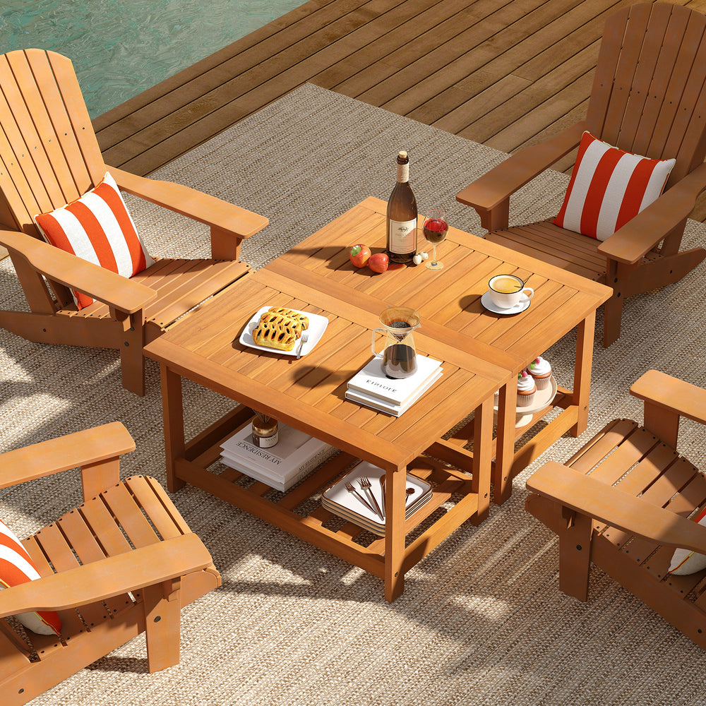 Rectangular acacia wood coffee table with 2 tiers, perfect for outdoor use in a patio setting, showcasing snacks and.