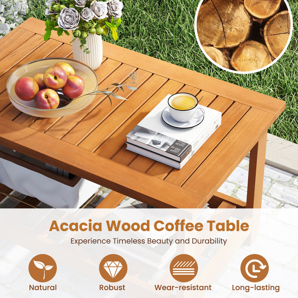 Acacia wood coffee table with a natural finish, featuring a 2-tier design for indoor and outdoor use.