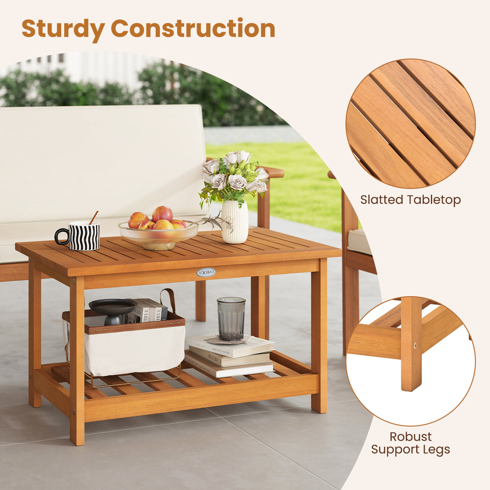 Rectangular acacia wood coffee table with slatted tabletop and sturdy legs, ideal for indoor or outdoor use.