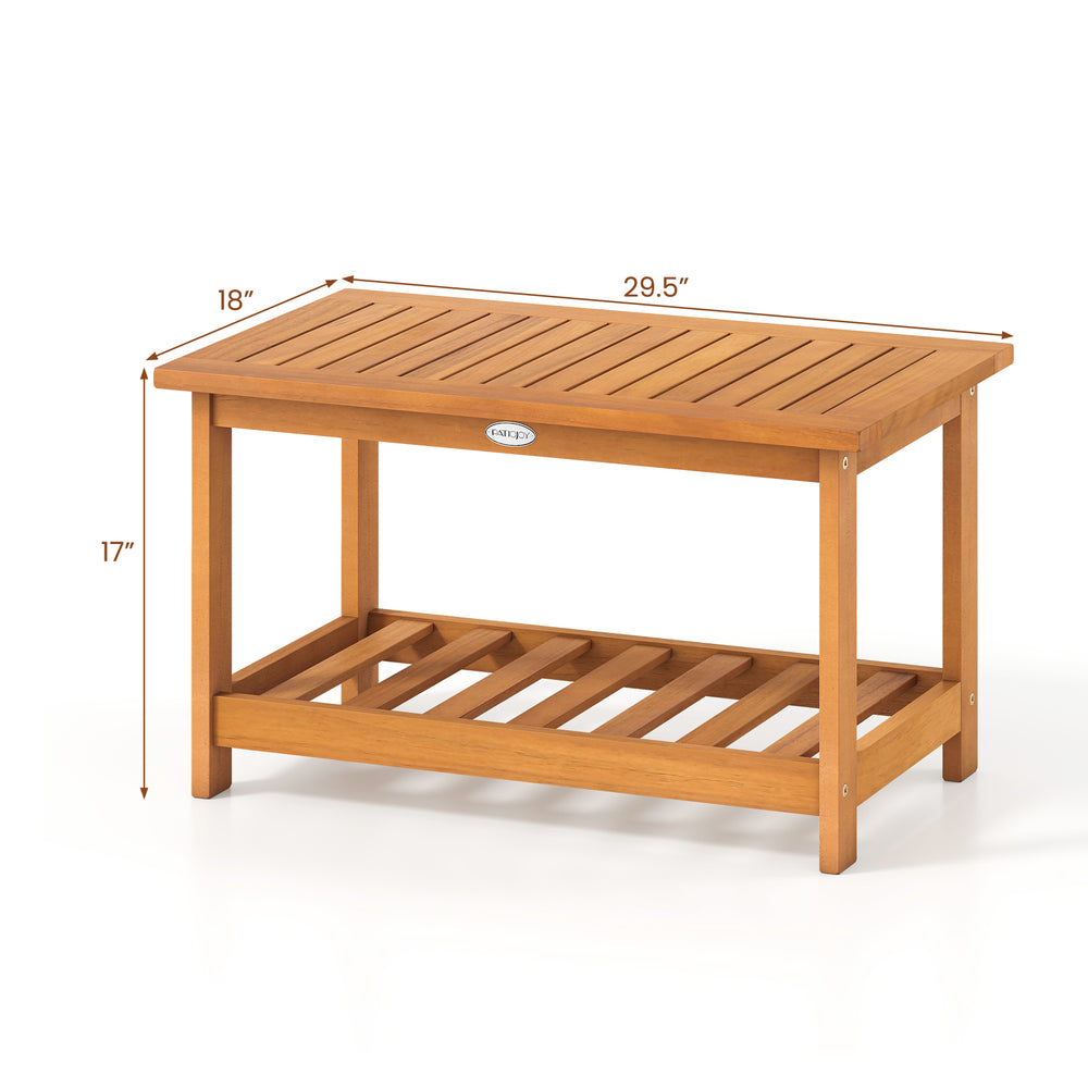 Rectangular 2-tier acacia wood coffee table with slatted design, ideal for indoor or outdoor use in living rooms or.