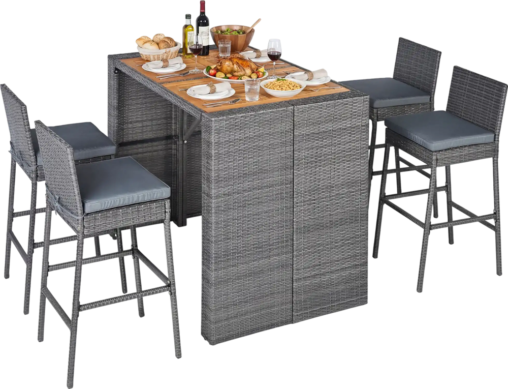 Grey patio dining set featuring acacia wood tabletop, cushioned bar stools, and space-saving design for outdoor use.