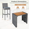 Patio acacia wood dining set with grey bar stools, featuring a sturdy steel frame and space-saving design for outdoor.