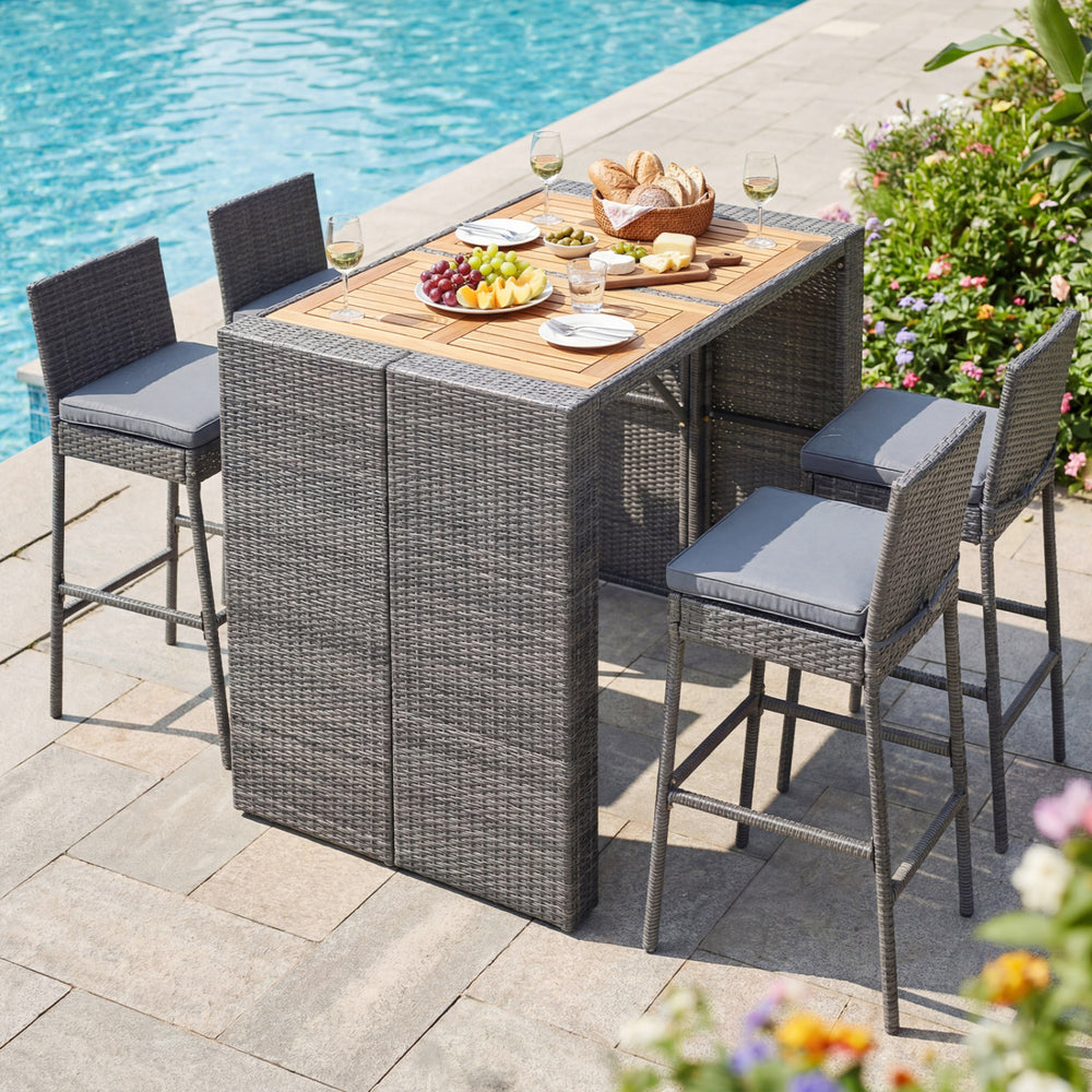 Patio dining set featuring a solid acacia wood tabletop and grey PE wicker bar stools, perfect for outdoor gatherings.
