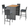 Patio dining set featuring grey PE wicker bar stools and solid acacia wood tabletop, ideal for outdoor dining.