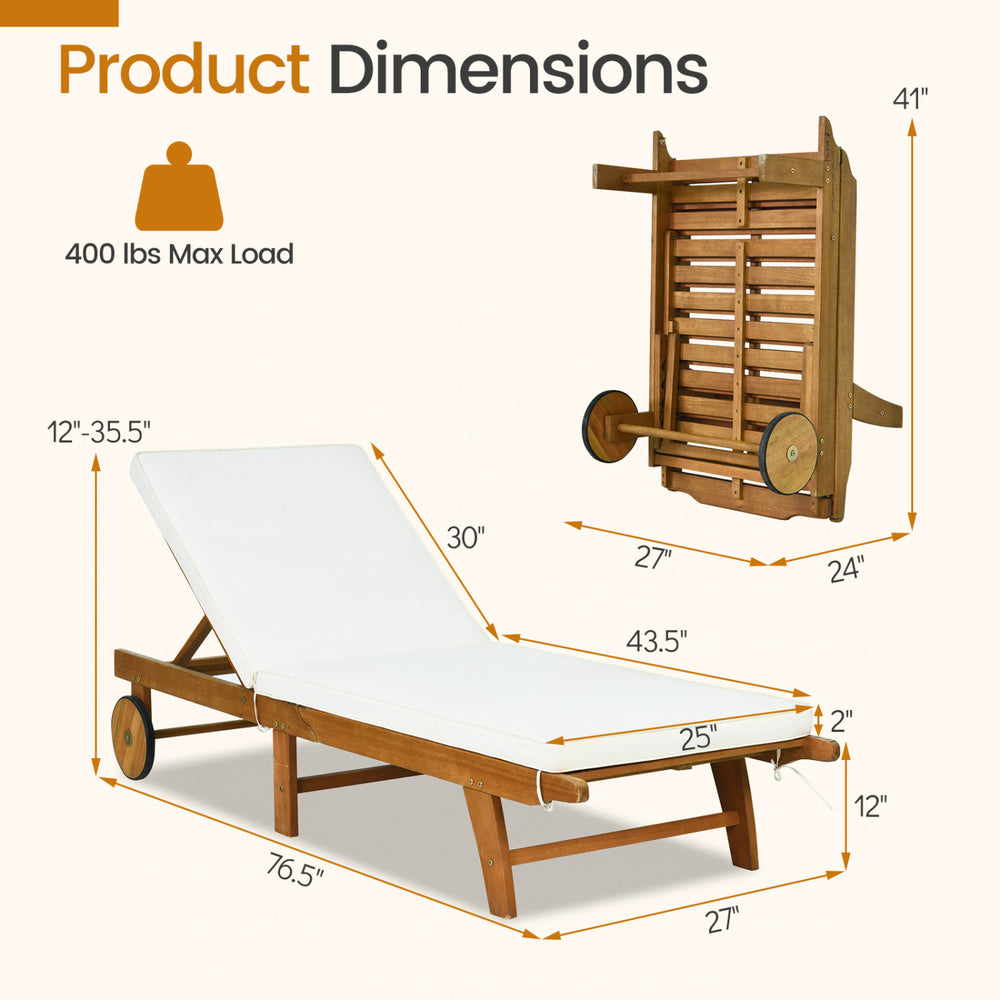 Patio acacia wood lounge chair dimensions with a 5-position backrest, ideal for outdoor relaxation and easy storage.