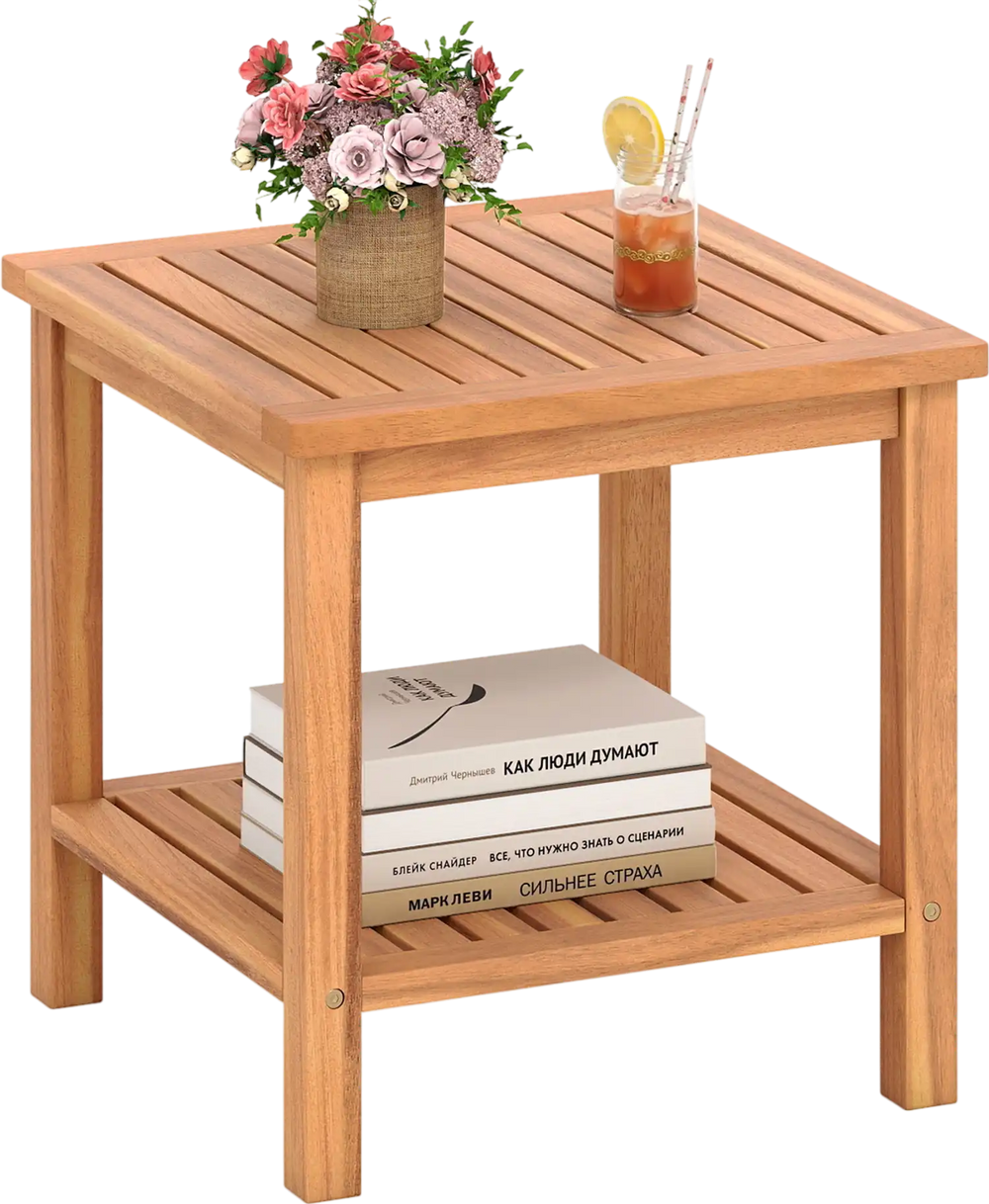 Patio Acacia Wood Side Table with Slatted Tabletop and Storage Shelf