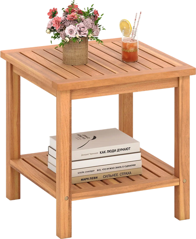 Costway Patio Acacia Wood Side Table w/ Storage Shelf 23213044 New