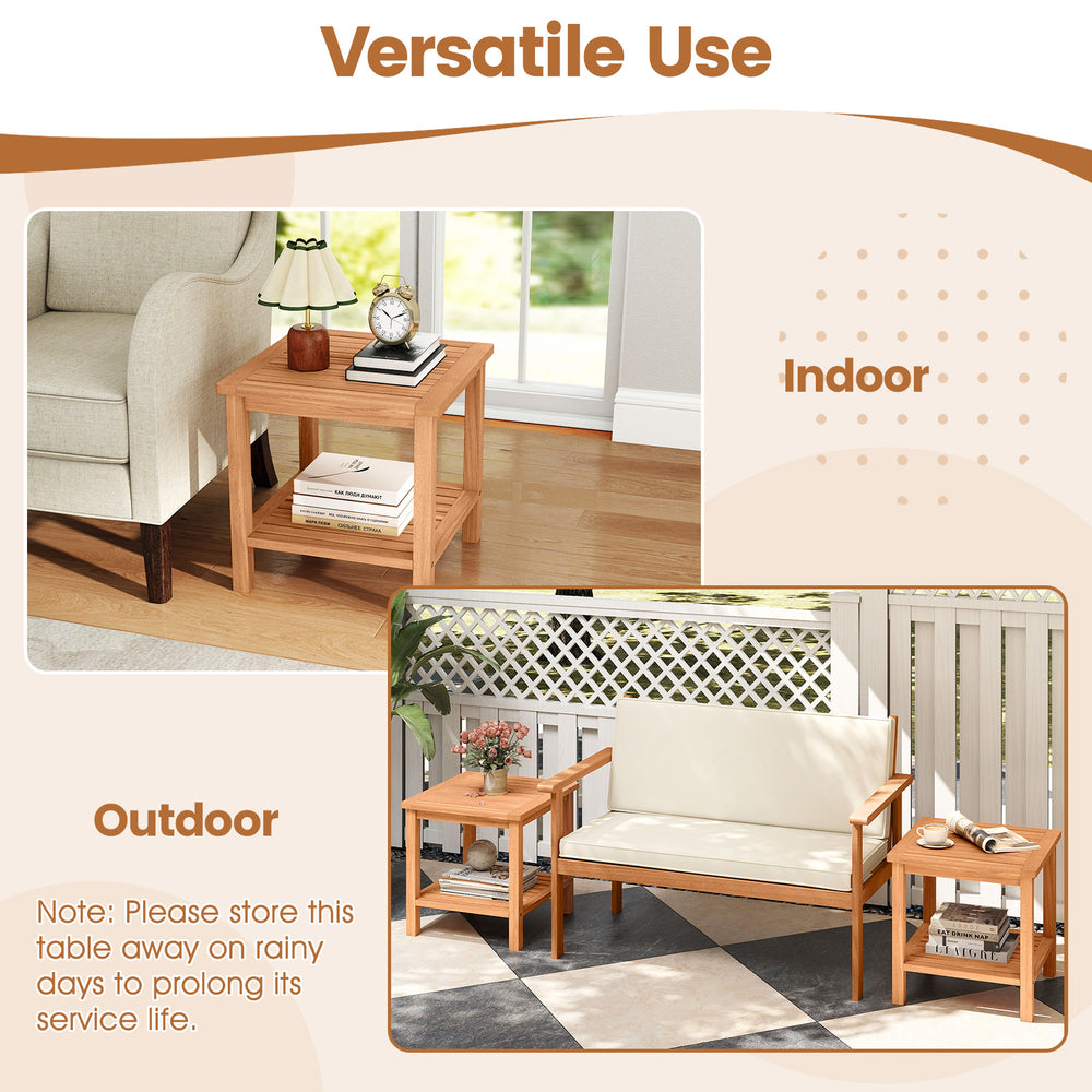 Acacia wood side table with slatted tabletop and storage shelf, perfect for indoor or outdoor use.