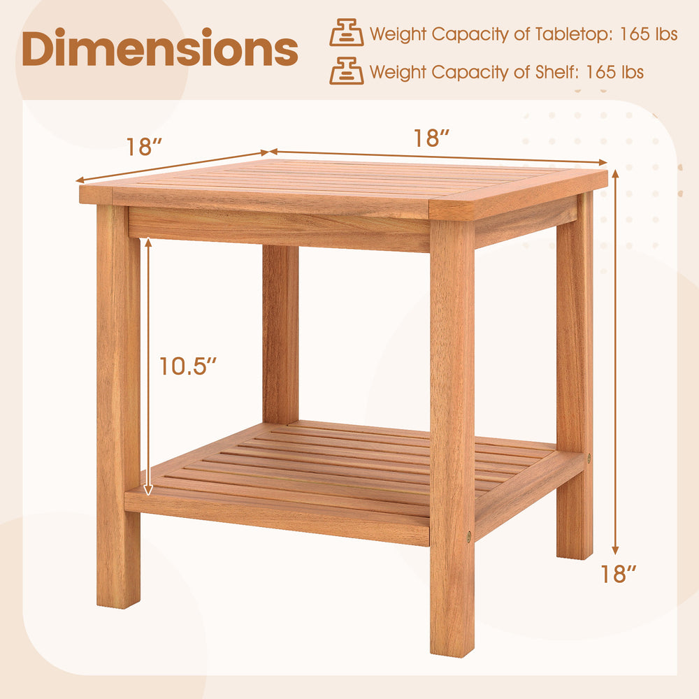 Acacia wood side table with slatted tabletop and storage shelf, 18" height, perfect for patio or indoor use.