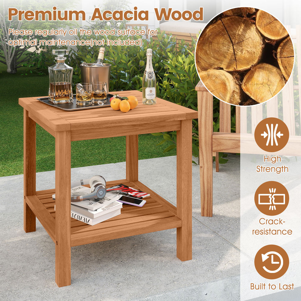 Acacia wood side table with slatted tabletop and storage shelf, perfect for patio or indoor use, built to last.