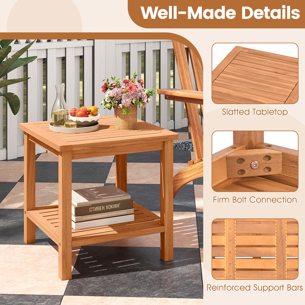 Acacia wood side table with slatted tabletop and storage shelf, ideal for patio or indoor use, showcasing durable.