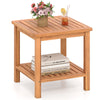 Acacia wood side table with slatted tabletop and storage shelf, perfect for patio or indoor use.