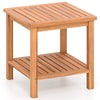 Acacia wood side table with slatted tabletop and storage shelf, ideal for patio or indoor use.
