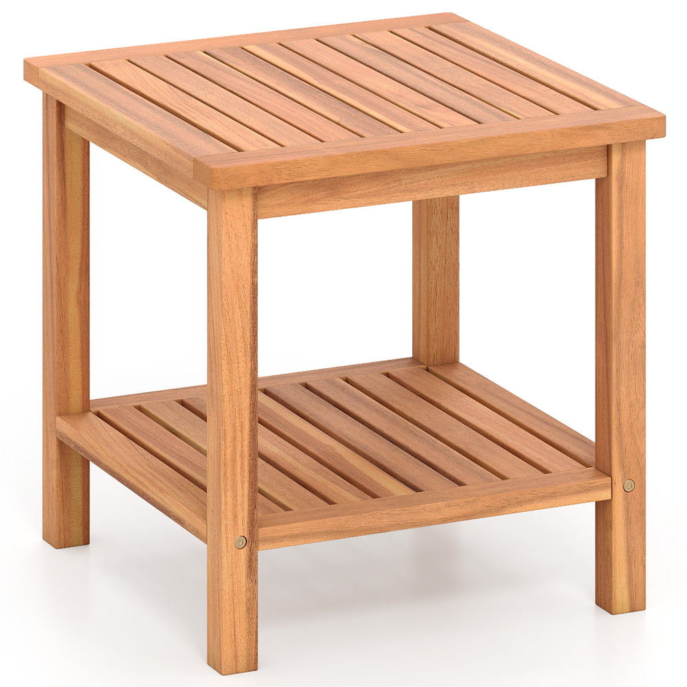 Acacia wood side table with slatted tabletop and storage shelf, ideal for patio or indoor use.
