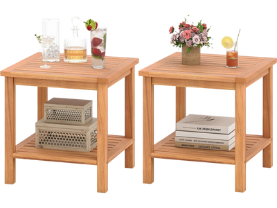 Costway Patio Acacia Wood Side Table Set of 2 w/ Storage Shelf 41127682 New