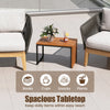Acacia wood side table with a spacious slatted surface, ideal for cups, snacks, and plants in outdoor settings.