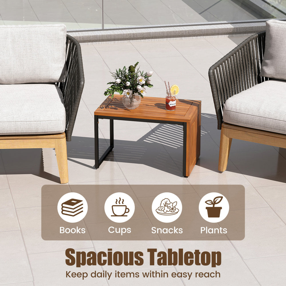 Acacia wood side table with a spacious slatted surface, ideal for cups, snacks, and plants in outdoor settings.
