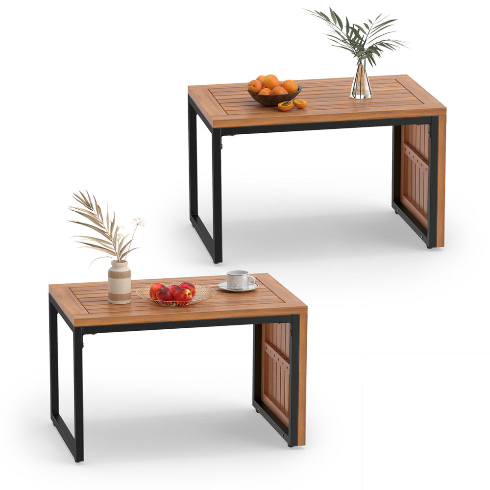 Convertible patio acacia wood side table set of 2 features a slatted surface and heavy-duty metal frame for outdoor use.