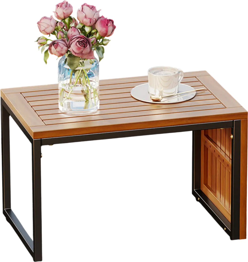 Acacia wood side table set with slatted surface, ideal for poolside use, featuring a heavy-duty metal frame.