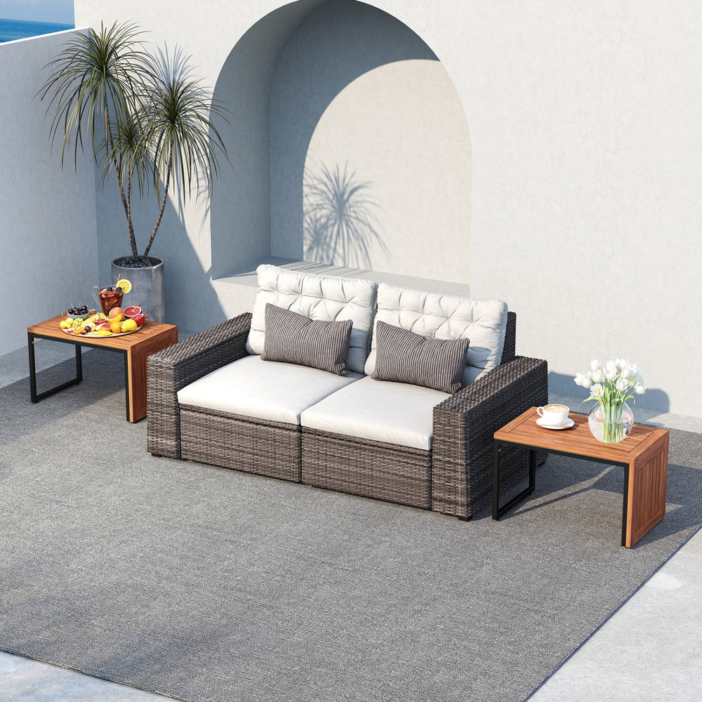 Acacia wood side table set of 2 features a slatted surface and heavy-duty metal frame, perfect for patio or garden use.