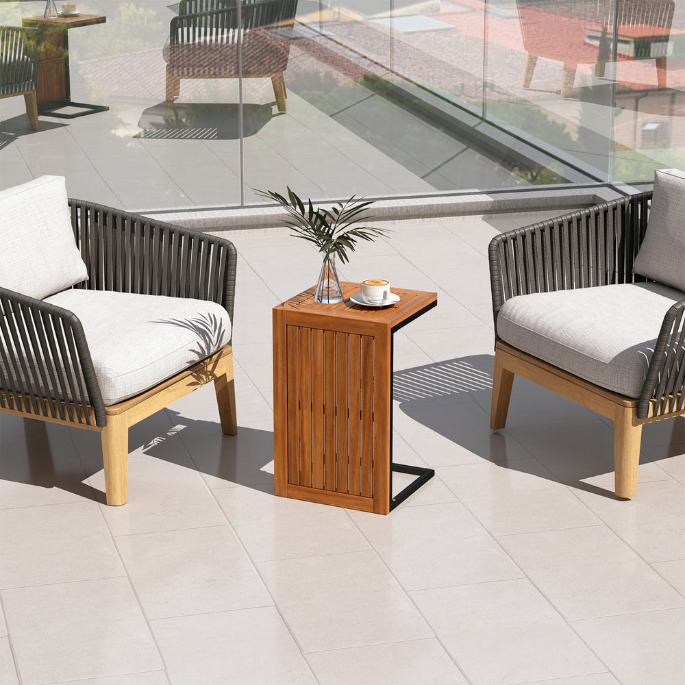 Acacia wood side table set of 2 features a slatted surface and metal frame, perfect for patio or poolside use.