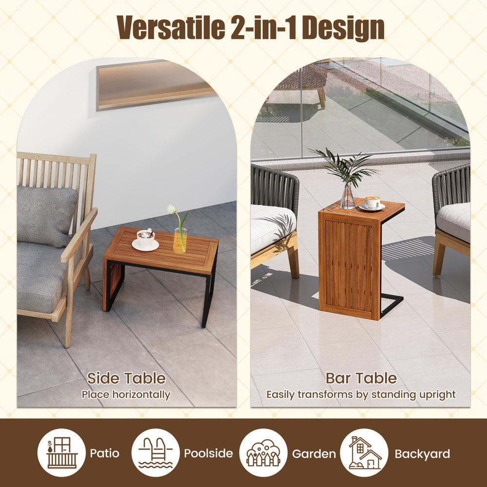 2-in-1 convertible patio acacia wood side table set of 2, usable as a coffee table or upright bar table for versatile placement.