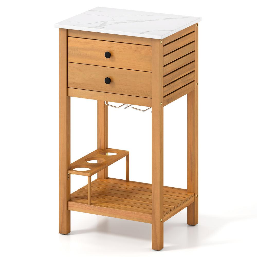 Acacia wood patio buffet cabinet with faux marble countertop, featuring two drawers and wine storage for outdoor.