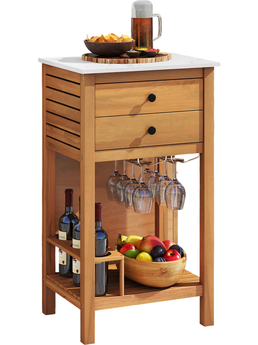 Acacia wood patio buffet cabinet with faux marble countertop, featuring storage drawers and wine holders for outdoor.