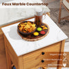 Faux marble countertop on acacia wood patio buffet cabinet, featuring snacks and beverages for outdoor gatherings.