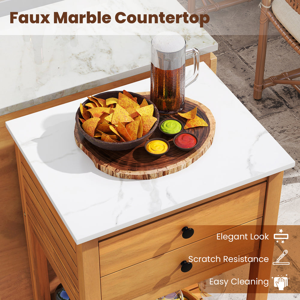 Faux marble countertop on acacia wood patio buffet cabinet, featuring snacks and beverages for outdoor gatherings.