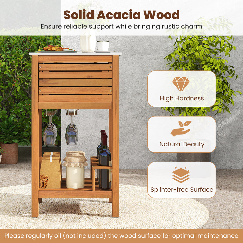 Patio acacia wood storage cabinet with faux marble countertop, featuring ample storage and rustic charm for outdoor use.