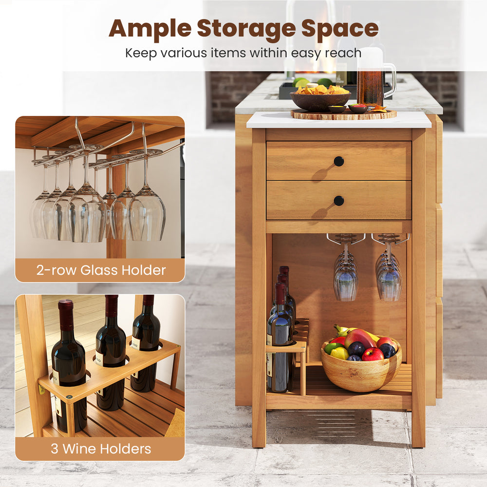 Patio acacia wood storage cabinet with faux marble countertop, featuring a 2-row glass holder and 3 wine holders for.
