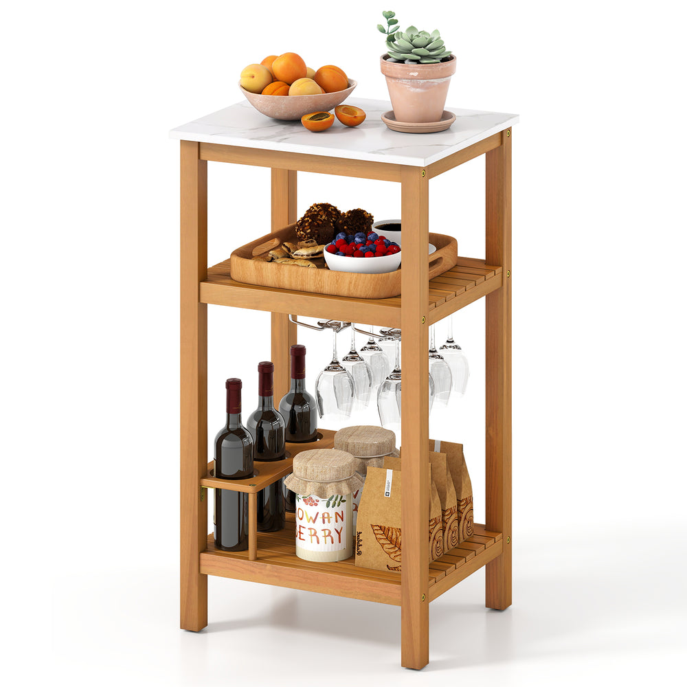 Acacia wood patio buffet cabinet with faux marble top, featuring 3 shelves and wine glass holders for outdoor storage.