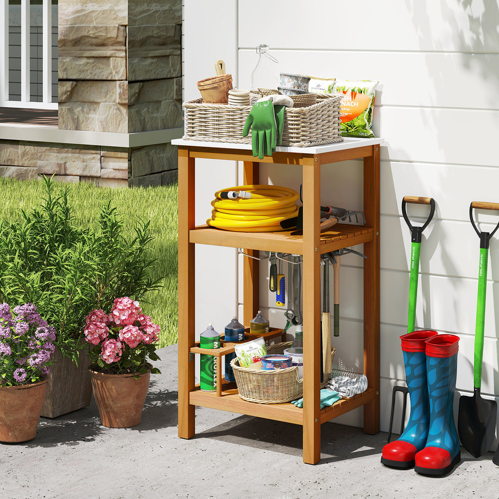 Acacia wood storage cabinet with faux marble top, featuring three open shelves for patio organization and rustic charm.