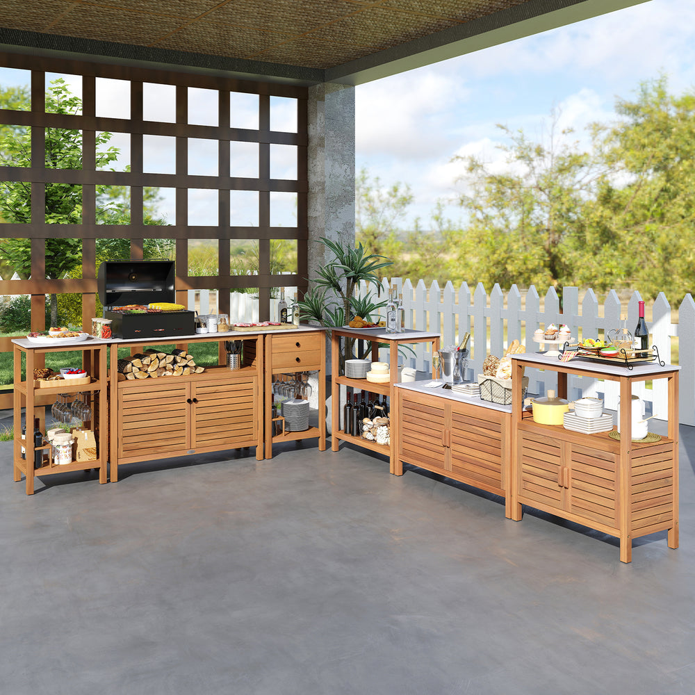 Patio acacia wood buffet cabinet with faux marble top, featuring open shelves and wine holders for outdoor entertaining.