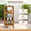 Patio acacia wood storage cabinet with faux marble top, featuring 3 shelves and wine holders for outdoor beverage.