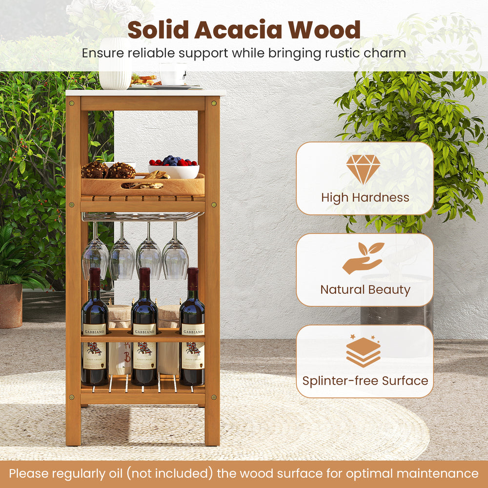 Patio acacia wood storage cabinet with faux marble top, featuring 3 shelves and wine holders for outdoor beverage.