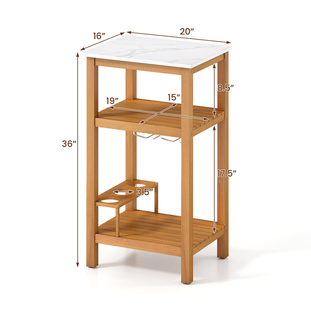 Acacia wood patio buffet cabinet with faux marble top, featuring 3 shelves and wine holders for outdoor storage.