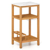 Acacia wood storage cabinet with faux marble top, featuring three open shelves and wine holders for patio organization.