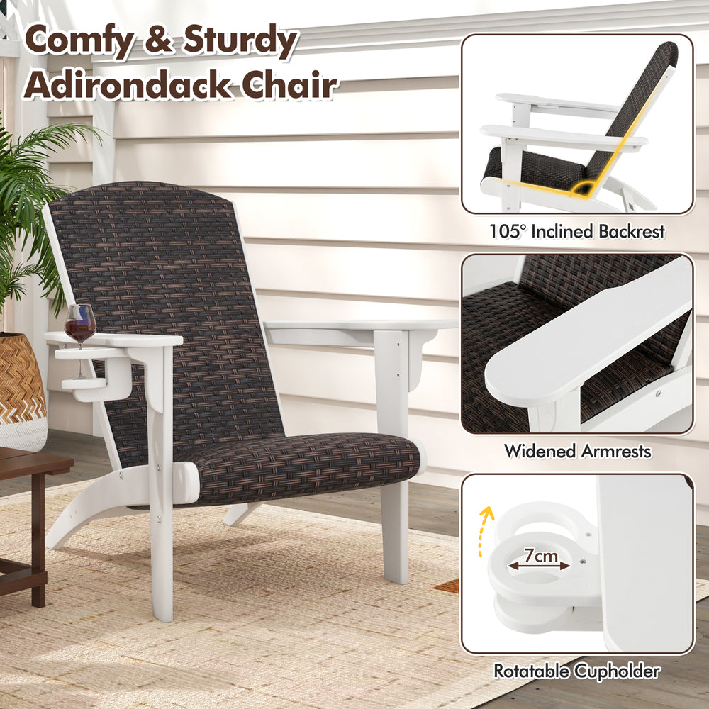 Adirondack chair with rattan padded seat, inclined backrest, and rotatable cupholder, perfect for outdoor relaxation.