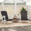 Two white patio Adirondack chairs with rattan padded seats and hidden cupholders, perfect for outdoor relaxation.