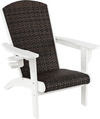 Patio Adirondack chair with rattan padded seat and hidden cupholder, featuring a white HDPE frame for outdoor use.