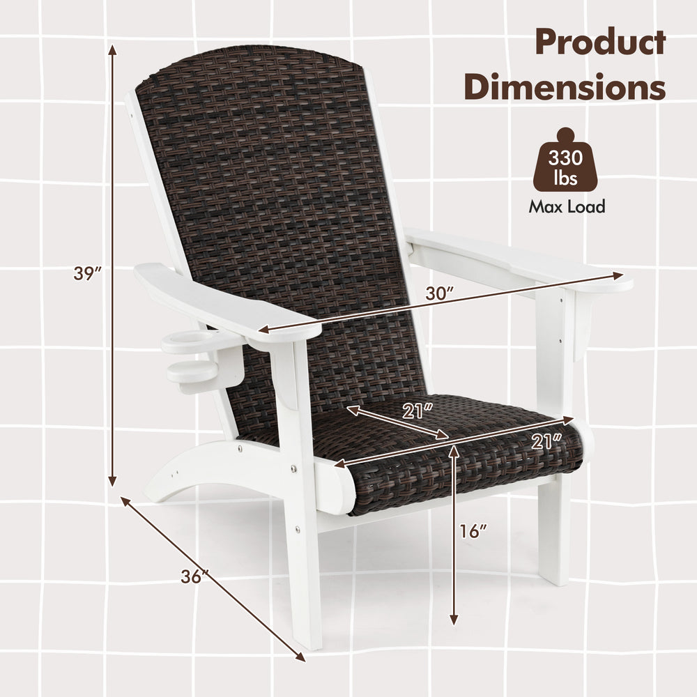 Patio Adirondack chair with rattan padded seat, white HDPE frame, and hidden cupholder; ideal for outdoor relaxation.