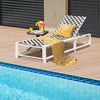 Adjustable patio chaise lounge chair with checkered fabric, sturdy metal frame, and wheels, perfect for poolside.