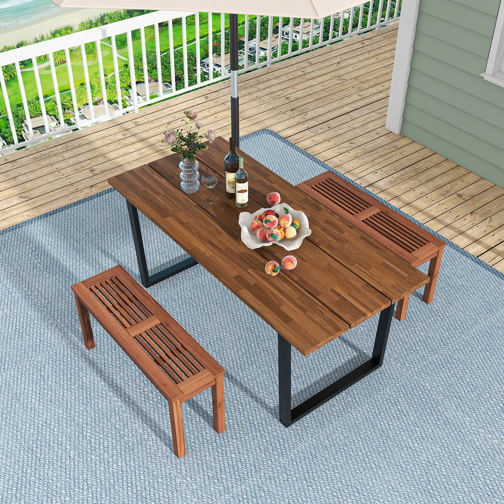 Backless 2-seater patio dining bench in solid wood with slatted seat, ideal for outdoor garden or porch use.