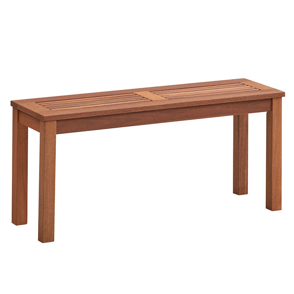 Backless 2-seater patio dining bench in solid wood with slatted seat, perfect for outdoor spaces like gardens and.