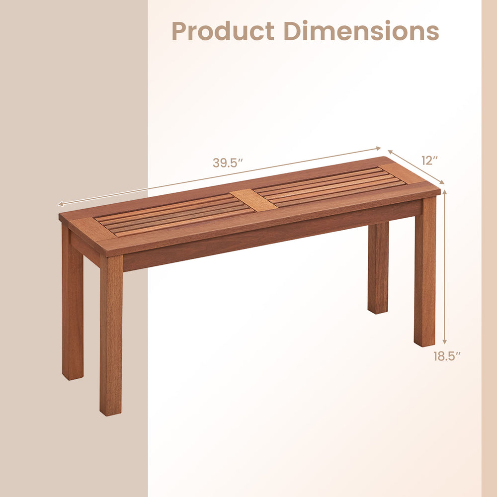 2-seater patio backless dining bench with slatted seat, measuring 39.5" x 12" x 18.5", ideal for outdoor spaces.