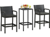 Black patio bar set showcasing two high stools and a sleek bar table, perfect for outdoor gatherings and stylish decor.