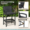 Black patio bar stool featuring a curved backrest, integrated armrests, and a sturdy metal frame for outdoor comfort.